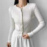 colors Women Cable Twist Knitted Cardigan Round Collar Center Buttons Sweater Full Sleeve Short Jumper Gray-Outfit