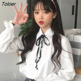 Women Shirts Turn-down Collar Flare-sleeve Bows Lace-up Solid Sweet Loose Tops Korean Style Students Elegant Casual Chic