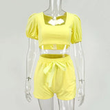 Collar Solid Women Shorts Set Puff Sleeve Crop Top + lace Up Short Trousers Ladies Outfits Summer Elegant Fashion