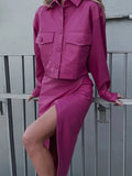 Fashion Faux Leather Women Suit Turn Down Collar Button Crop Coat Top High Waist Split Midi Skirt Fall Two Piece