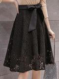 Lady Big Bow High Waist Knee Skirts Women's Summer Clothes New Oversize Fashion A-Line Solid Hollow Out Lace