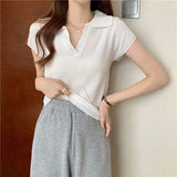 T-Shirt Women Summer New Short Net Red Hollow Knitted Shirt Full Set Thin Polo Collar Short Sleeve Top