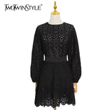 TWOTWINSTYLE Patchwork Lace Two Piece Set For Women Stand Collar Long Sleeve Shirt A Line Skirt Spring Elegant Sets Female