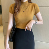 Knitted Turtleneck Blouse Women 2021 Summer Solid Slim Casual Clothing Women Short Sleeve Top Blusa Mujer De Moda 8622