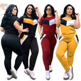 Size 2 Piece Set Women Tracksuits Patchwork Crop Top Short Sleeve Leggings Jogger Sport Suit Stretch Wholesale