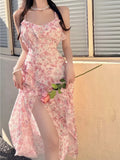 Floral Sexy Dress Women Split Backless Party Midi Dresses Female Print Holiday Korean Fashion Strap Dress Summer