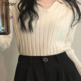 2023 Spring Autumn Knitted Sweater Women Korean Turn Down Collar Long Sleeve Pullover Woman Solid V Neck Jumper
