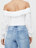 Elegant Women Lace Flowers Hollow Out Shirts Crop Tops Long Sleeve Slash Neck Off Shoulder Ruffles Solid Blouses 2023-Outfit