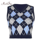 Argyle Plaid Preppy Style Knitting Sweater Vest Women Clothes Streetwear Retro Tank Top 2020 Autumn Knitwear