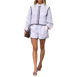 Toloer Summer Women's Round Collar Solid Color Long Sleeve Sticker Lace Shorts Two-Piece