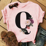 Letter Alphabet A-Z Women T-Shirts Fashion Breathable Flowers Short Sleeve Casual Tops Couple Basic Tee Crew Neck Clothes