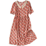 Peter Pan Collar Patchwork Floral Dress Women's Clothing Printed Summer A-Line Short Sleeve Korean Casual Midi