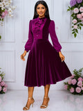 Style Purple Velvet Party Party Temperament Dress Wooden Ear Splicing Long Sleeves To Close The Waist A Dress