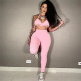 Casual Sporty Set Woman 2 Pieces Halter Crop Top Camisole High Waist Pants Matching Sets Sexy Backless Solid Slim