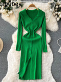 Sexy Split Knitted Dress Lapel V Neck Long Sleeve Button Bodycon Sweater Dress Women Streetwear Midi Long