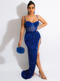 Sexy Sequins Sheer Mesh Patch Straps Slit Cocktail Party