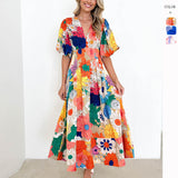 Women's Summer New Flower Print Bubble Sleeve A-Shaped Long Dress Temperament
