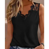 Slim Fit Sleeveless Pullover Shirt Women 2023 Summer Solid Color Lace Stitching V-Neck Casual Tank Top Woman