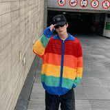 Striped Hollowed-Out Sweater Men's Spring And Autumn Design Tide Brand Ins Casual Hip-Hop Lapel Sweater-Outfit