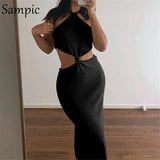 Sexy Women Halter Wrap Cut Out Summer Beach Long Dress 2021 Party Fashion Sleeveless Night Club Hollow Out Bodycon