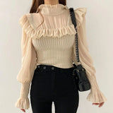 Pleated Knit Ruffle Blouse Women Elegant Turtleneck Winter Top Autumn 2021 Korean Fashion Slim Chiffon Shirt Blusas