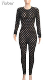 Black Hollow Out One Piece Overalls for Woman Round Neck Long Sleeve Fitness Jumpsuit High Street See Through Body