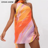 Halter Collar Orange Gradient Tie dye print Cross lacing up Bow Backless Sling Dress Women Irregular Mini Robe Vestido-Outfit