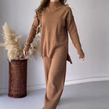 2025 New Fashion Pure Color Round-Neck Casual Knitted Wide Leg Trousers Two
