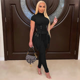 Black Two Piece Set Women Tracksuit Short Sleeve T Shirt Bandage Strap Crop Top Sports Pencil Pants Streetwear