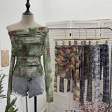 Vintage Tie-Dye-Print Mesh Folded Long-Sleeved T-Shirt With A Word-Collar Slanted Shoulder-To-Back Short Top