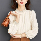 and Winter Women's Pullover Half High Neck Solid Button Bright Silk Spliced Petal Bubble Long Sleeve T-shirt Chiffon Tops-Outfit