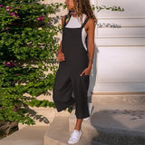 Summer Cotton Linen Playsuit Fashion Sleeveless Wide Leg Dungarees Solid Long Rompers Casual Comfortable Casual