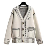 Painting Graffiti Sweater Women's New 2024 Autumn And Winter Black And White Loose Lazy Cardigan Coat Knitted Blouse-Outfit