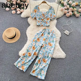 Women Summer Bohemian Floral Set Puff Sleeve Short Tops+High Waist Pleated Wide Leg Long Pants Two Pieces