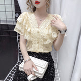 V-neck Hollow Lace Women Tops 2021 New French Sexy Ruffle Stitching Shirt Female Short Sleeve Slim Crochet Blouse