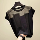 O-neck Short Sleeve Knitted Tops Patchwork Ice Silk Blusas Women Pullover Fashion Thin Blouse Mujer De Moda 2021
