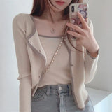 Winter and Autumn Sweet Contrast Short Knit Cardigan Two-piece Sets Design Single-breasted Long Sleeve Sweater