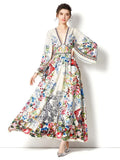 Summer Fashion Runway Sexy Deep V Neck Boho Holiday Long Dress for Woman Bat Sleeve High Waist Slim Flowy Maxi