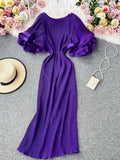 Casual Round Neck Flare Short Sleeve Pleated Long Dress Vintage High Waist Ruffles Female Vestidos New Fashion Robe Mujer