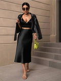 2024 New Women's Satin Slim Skirt Satin Solid Color Medium-Long Buttocks Fishtail Skirt-Outfit