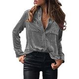 Autumn Pocket Shirt Long Sleeve Plain Satin Solid Single Breasted Women's Shirt Casual Pocket Patchwork Cardigan