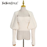 Casual Knitted Women's Suit Square Collar Sleeveless Top Solid Long Sleeve Coat Slim Two Piece Set Women 2021