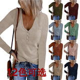 Autumn New Women's Button Vest Solid Color V-Neck Long-Sleeved T-Shirt