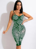 Green Beaded Sexy Strap Midi Party