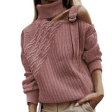 Off Shoulder Knitted Sweater Adjustable Buckle Twist Decor Long Sleeve One Turtleneck Pullover Sweater Female