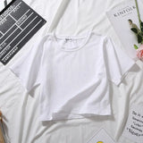 Summer Short Sleeve T Shirts Women Cotton Solid T-shirt O Neck High Waist Crop Top Tee Female Casual Loose T