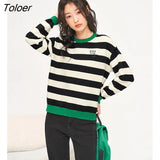 Women Sweaters 2022 Autumn Long Sleeves O Neck Loose Tops Striped Letter Embroidery Casual Chic Knit