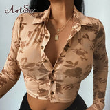 Blusas Vintage Floral Print tee shirt Woman Cardigan Shirts Cropped Aesthetic Button Up Autumn Baby Tee Y2K