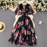 V-Necked Print Chiffon Dress Shows Lean Lotus Leaf Edge Short-Sleeved Waist First Love Fairy Skirt-Outfit