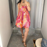 Holiday Tie-dye Flower Print Slash Collar Ruched Chest Mini Sling Dress Sexy Low Back Backless Robe BOHO Summer Vestido-Outfit